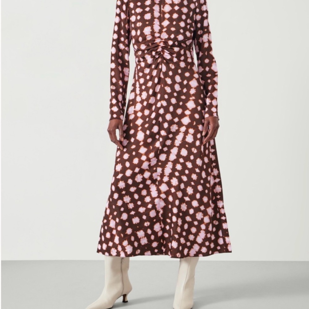 Hush UK Myrah Satin Midi Dress NWT Size 14 Brown Pink Geo Print